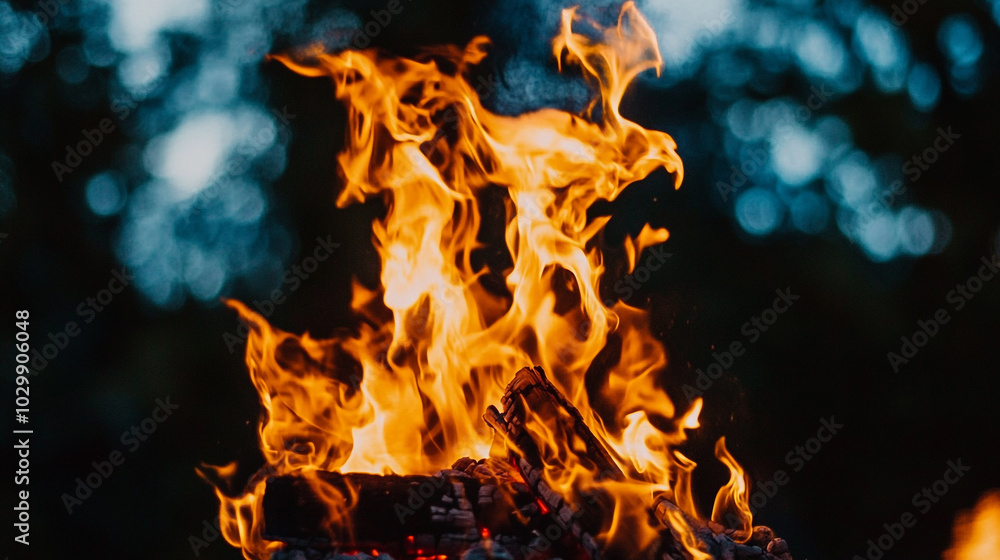 Poster flames dancing on a log in a serene forest during twilight hours