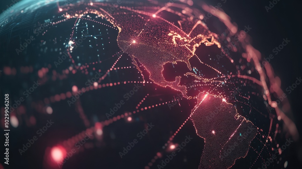 Poster high-altitude view of a digital network system with neon-lit data pathways connecting across the glo