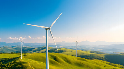 Wind turbines in a vibrant green field with the shift toward renewable energy. Focuses on wind power as a clean, sustainable solution, helping to combat climate change and reduce carbon footprints.
