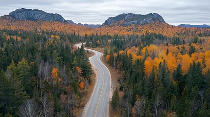 Winding Mountain Road Through Dense Forest in Autumn