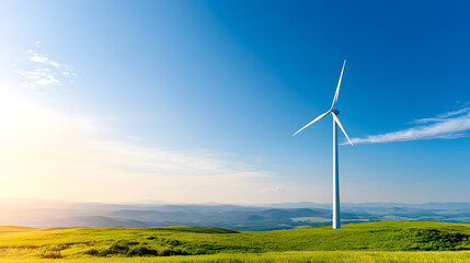 Wind turbines in a vibrant green field with the shift toward renewable energy. Focuses on wind power as a clean, sustainable solution, helping to combat climate change and reduce carbon footprints.