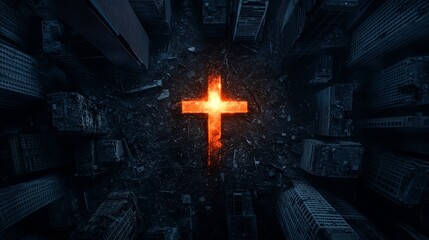 A glowing cross amidst a dark urban landscape, atmospheric and symbolic.