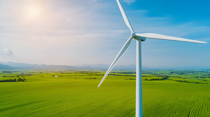 Wind turbines in a vibrant green field with the shift toward renewable energy. Focuses on wind power as a clean, sustainable solution, helping to combat climate change and reduce carbon footprints.
