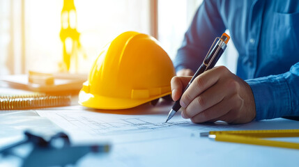 Architect Working on Construction Plan with Hard Hat and Pen