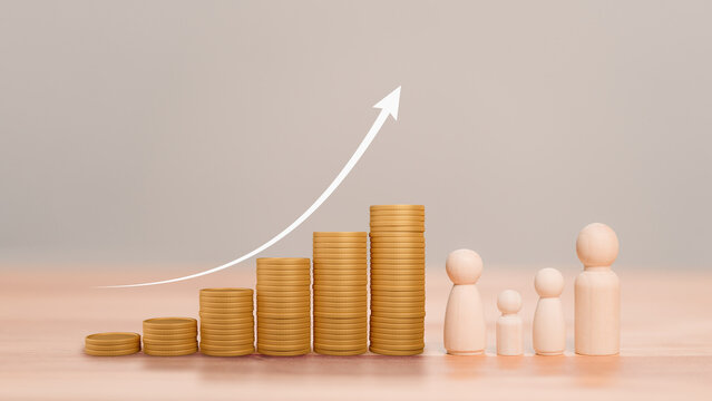 Stacks of gold coins, symbolizing financial growth and wealth, with a arrow pointing upward. Wooden human figures stand beside the coins, representing family and generational wealth development.