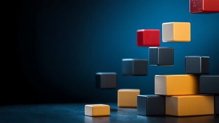Colorful blocks arranged dynamically on a dark blue background.