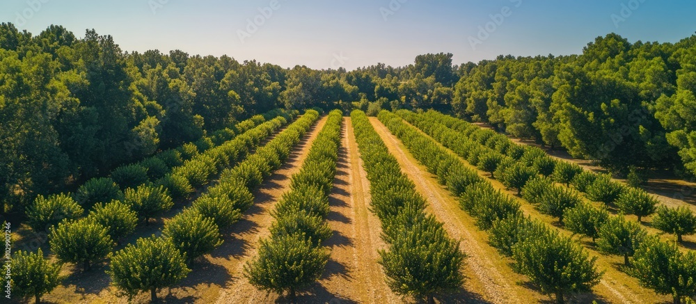Poster rows of trees in a field from an aerial view.