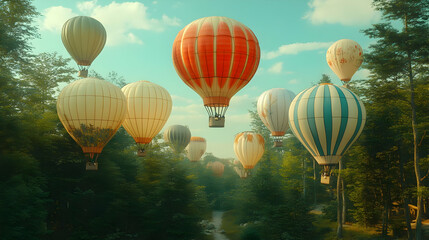 Fototapeta premium Hot Air Balloons Flying Over Forest Illustration