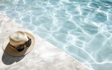 A minimalistic fashion aesthetic scene with sunglasses and a straw hat placed beside a marble swimming pool