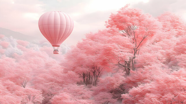 Pink Hot Air Balloon Illustration Over Pink Forest