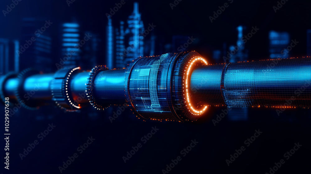 Poster futuristic pipeline technology with glowing elements on a dark background.