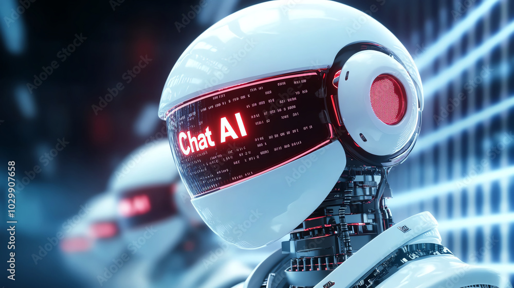 Aufkleber futuristic robot with digital interface and glowing features, isolated background.