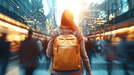 Naklejka premium Person with a yellow backpack walking in a vibrant city environment.