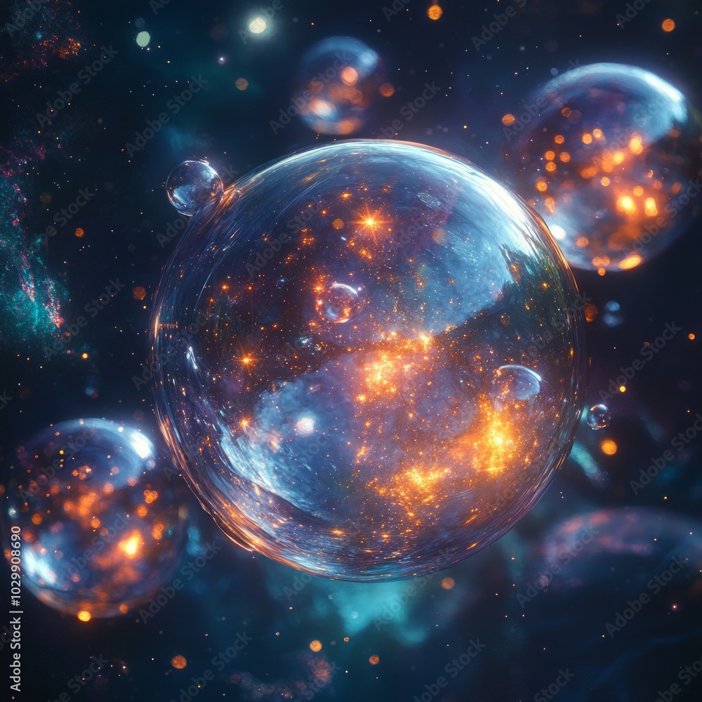 Wall mural Abstract 3D rendering of glowing orbs in a galaxy-like background.