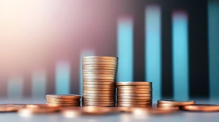 Stacks of coins with financial growth chart in the background.
