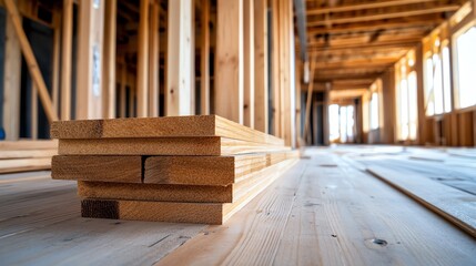 Stacked wooden planks inside a construction site, natural light illuminating the space.