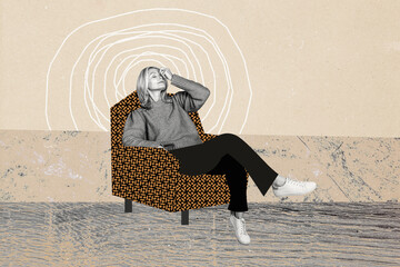 Composite photo collage of sad old woman sit armchair room depressed mood headache illness...