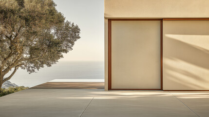 Modern architecture blends with nature in a serene coastal setting under soft sunlight