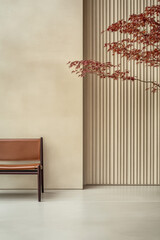 Minimalist interior with wooden bench and a vibrant red maple branch in a modern space