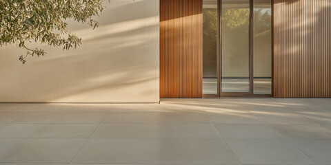 Modern architecture featuring a minimalist entrance with wooden accents in natural sunlight