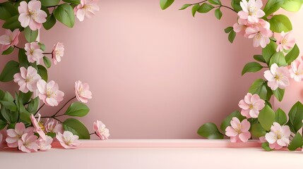 Fototapeta premium Delicate 3D Floral Frame of Cherry Blossoms and Ivy Surrounding Open Space