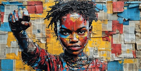 A graffiti collage featuring grunge newspapers and multicolored painting shows an African teen with a fighting spirit, raising a fist as a rebel in street art.
