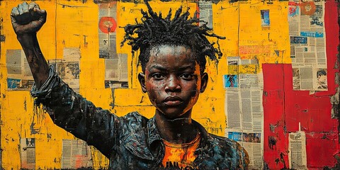 A graffiti collage featuring grunge newspapers and multicolored painting shows an African teen with a fighting spirit, raising a fist as a rebel in street art.