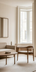 Modern minimalist living room with neutral tones and large window overlooking cityscape