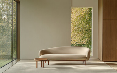 Modern minimalist interior featuring a beige sofa and scenic window view of trees
