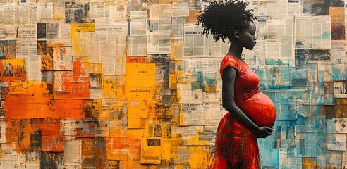 A graffiti collage with grunge newspapers and multicolored painting illustrates a pregnant African woman symbolizing peace, presented in urban street art.