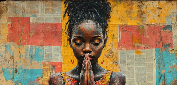 A graffiti collage with grunge newspapers and multicolored painting illustrates an African woman praying with joined hands, embodying hope for peace in street art.