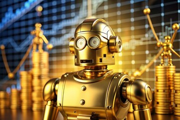 Fototapeta premium A robot is standing in front of a pile of gold coins