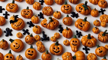 Obraz premium Seamless Halloween pumpkin pattern with spooky, smiling faces and autumn decorations in orange tones