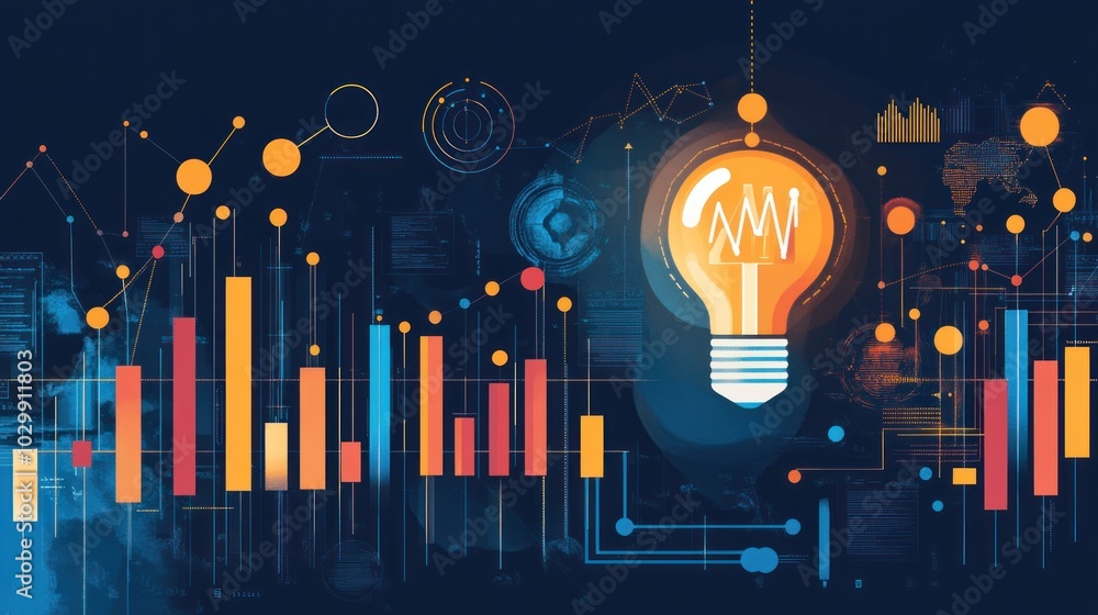 Poster a glowing lightbulb with a wave pattern inside sits against a dark background with a colorful displa