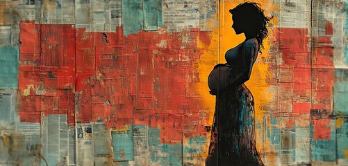 A graffiti collage with grunge newspapers and multicolored painting shows a pregnant Caucasian woman, symbolizing peace and love in street art.