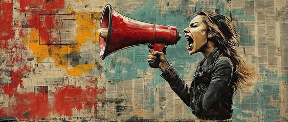 A graffiti collage with grunge newspapers and painting features an iconic woman screaming into a megaphone, symbolizing a revolution for rights and equality in street art.