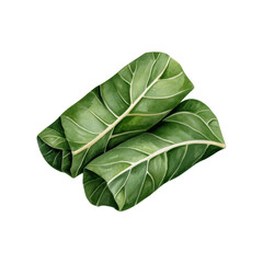 Obraz premium Three green leaves are rolled up into a roll