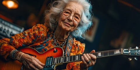Obraz premium A grandmother, playing an electric guitar and singing on stage, embodies a dynamic and vibrant senior lifestyle, showcasing a colorful sunset of life.