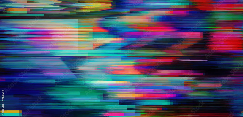 Poster Digital glitch or a distorted video signal, with sharp angles and jagged lines. Abstract composition that evokes a sense of visual chaos. 