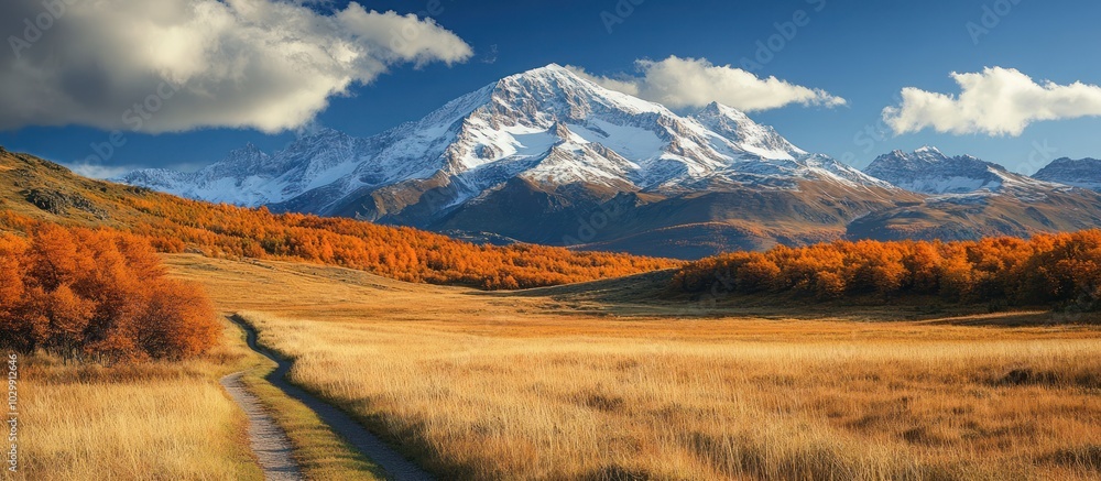 Poster a winding path leads through a field towards a snow capped mountain range. the field is covered in y