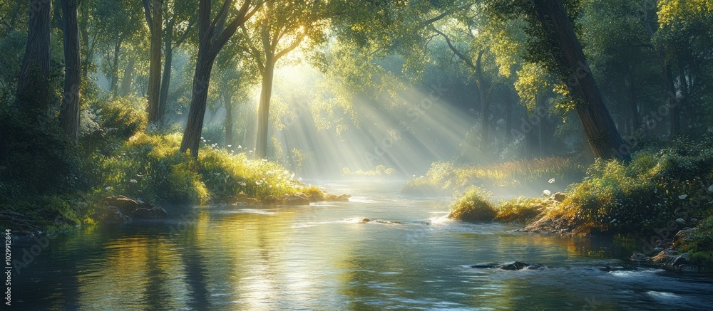 Poster sunlight streams through a misty forest, illuminating a tranquil river flowing through the lush gree