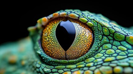 Naklejka premium A green dragon eye of a wild reptile is captured in close-up.