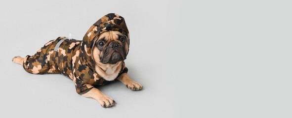 Cute bulldog in raincoat lying on light background with space for text