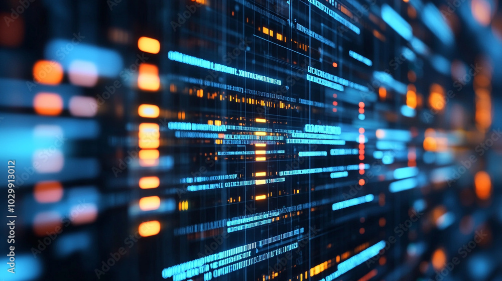 Poster colorful digital data flow representation in a high-tech environment during nighttime