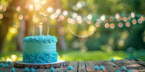 A colorful birthday cake with candles on a rustic table in a festive outdoor setting