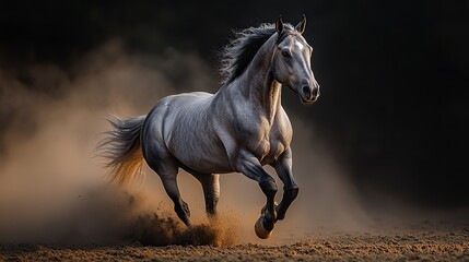 Obraz premium A grey horse stallion running swiftly through dust on a dark background.