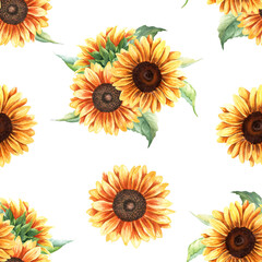 Watercolor seamless pattern with yellow flowers sunflowers. Hand drawn repeat pattern isolated on white background for wrapping wallpaper fabric textile