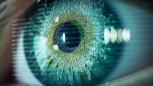 A close-up image of a human eye with a digital code overlay, representing the intersection of technology and human perception