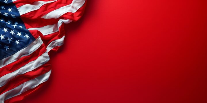 Waving American flag draped over a vibrant red background for patriotic decoration