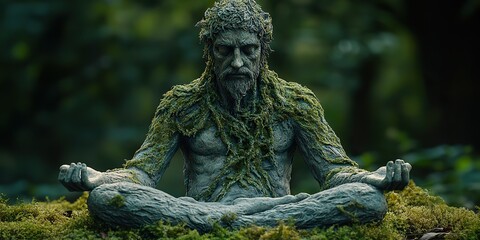 Obraz premium A guardian of nature statue, depicting a wise old man covered in green moss, meditates in the woods, representing the spirit of the forest.
